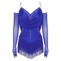 Sparkly Rhinestone & Tassel Fringe Dance Leotard with Gloves Two-Piece Stage Costume