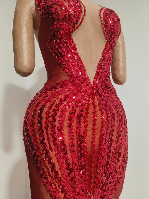 Sparkly Red Rhinestone & Sequin Sleeveless Sheer Mini/Long Dress Stage Costume