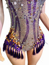 Sparkly Rhinestone & Tassel Fringe Bodysuit Stage Performance Costume