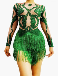 Sparkly Green Crystal & Tassel Fringe Bodysuit Stage Performance Costume
