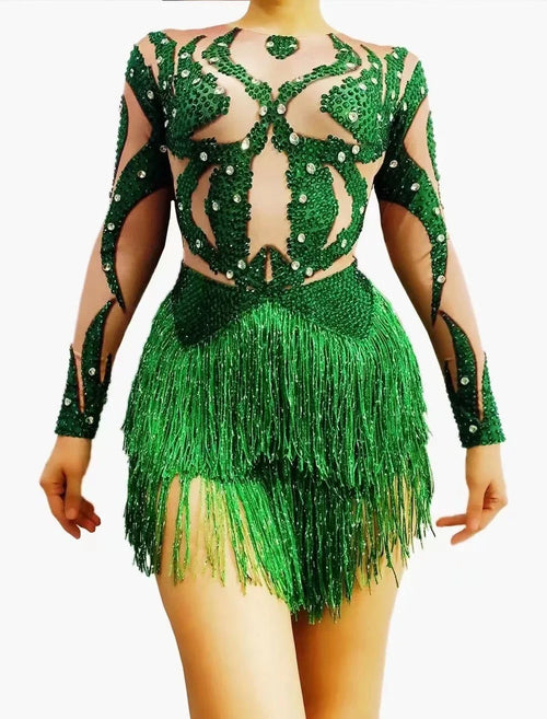 Sparkly Green Crystal & Tassel Fringe Bodysuit Stage Performance Costume