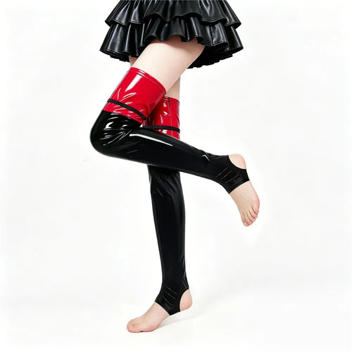 PU Faux Leather Patchwork Thigh-High Open-Foot Boot Stockings