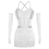 Rhinestone Latin Dance Dress, Mesh Tiered Tassel Bodysuit & Long Gloves Set