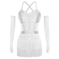 Rhinestone Latin Dance Dress, Mesh Tiered Tassel Bodysuit & Long Gloves Set