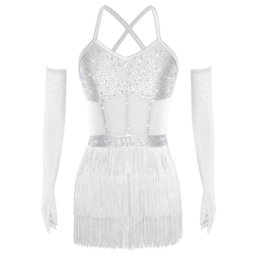 Rhinestone Latin Dance Dress, Mesh Tiered Tassel Bodysuit & Long Gloves Set