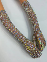 AB Rhinestone Sheer Mesh Long Opera Gloves Stage Performance Costume Accessory