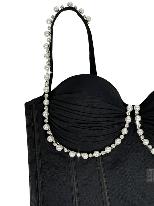 Pearl & Rhinestone Embroidered Bustier Corset Crop Top High Street Bralette