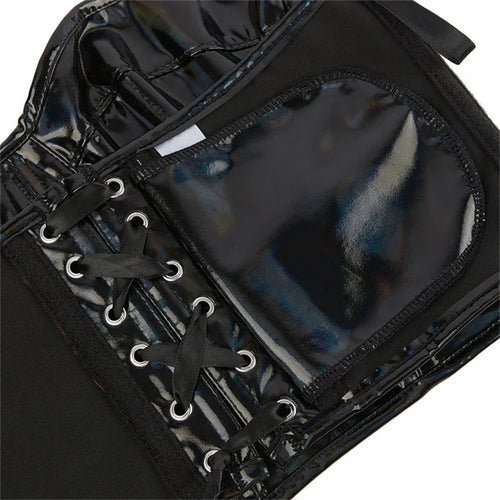 Black Shiny PU Leather Halter Corset Crop Top Push-Up Bustier Gothic Bra