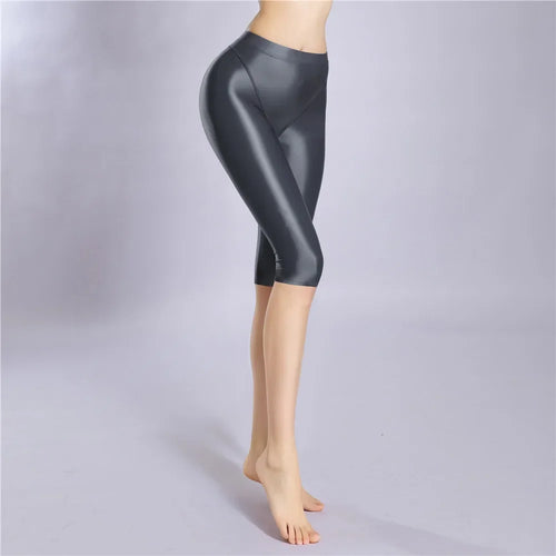 Women's Oil Glossy Sheer High-Waist Shaping Shorts Satin Smooth Leggings