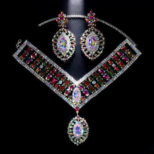 Exaggerated Rhinestone Statement Necklace Earrings Set