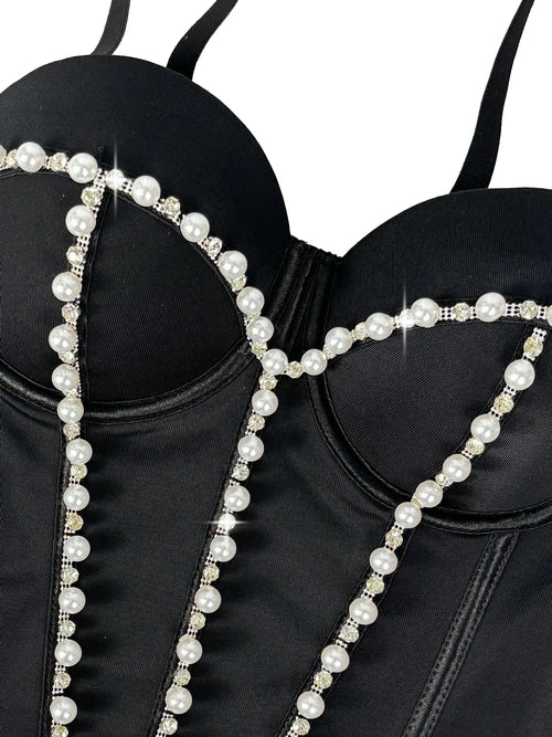 Pearl Embroidered Bustier Corset Crop Top High Street Evening Bralette