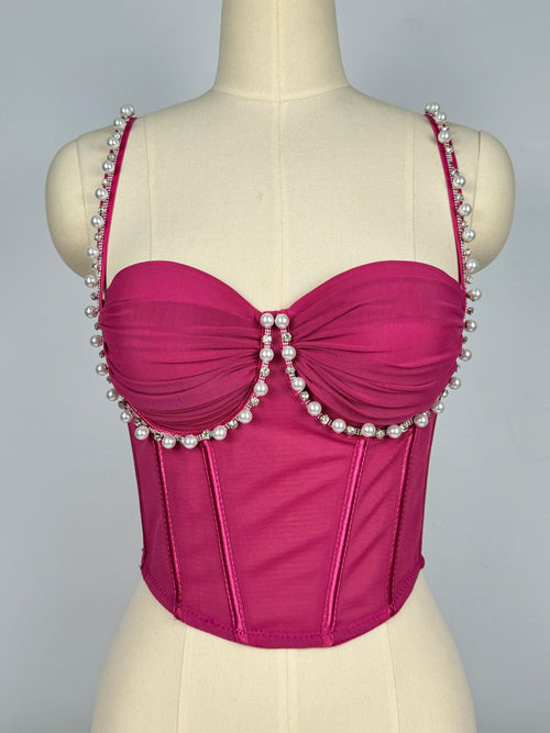 Pearl & Rhinestone Embroidered Bustier Corset Crop Top High Street Bralette