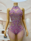 Sparkly Pink Rhinestone & Chain Backless Bodysuit Stage Costume