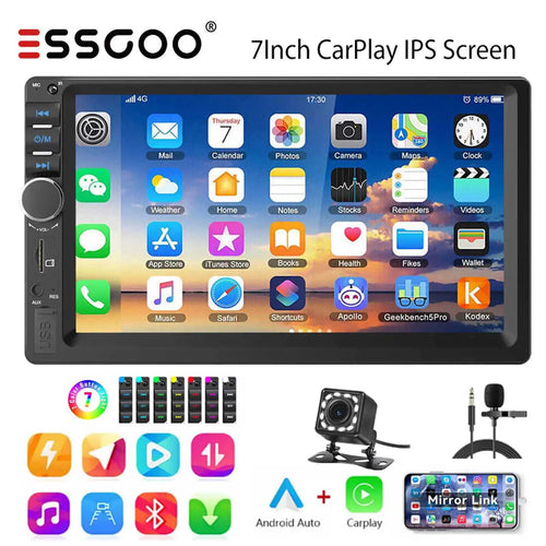 ESSGOO 7 Inch 2 DIN Car Stereo Radio Wired Carplay Android Auto MP5 Player Touch Screen USB/TF CAM AUX FM Bluetooth Head Unit