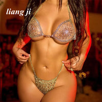Dazzling Grid-Pattern Crystal Bikini Bra Chain & Tassel Skirt Set