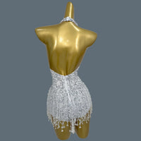 Sparkly Pearl & Crystal Tassel Deep V-Neck Backless White Stage Bodysuit Leotard