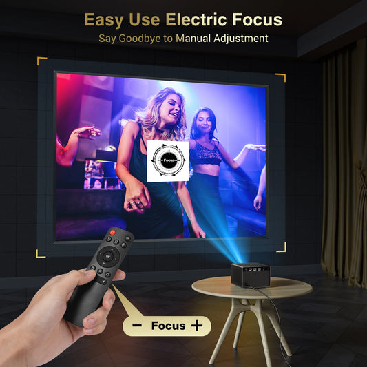 HAPPRUN Electric Focus Mini 1080P Bluetooth Projector, 200" Outdoor Movie Support, Compatible with Smartphone/HDMI/USB/PS5