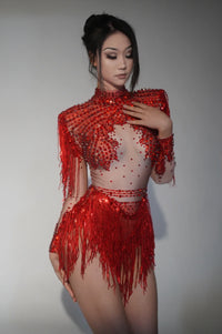 Sparkly Rhinestone Sequin Fringe Stage Bodysuit Performance Dance Leotard