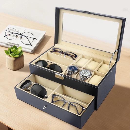 Leather 6 Watch Box Jewelry Case 9 Piece Eyeglasses Storage Sunglass Glasses Display Drawer Lockable Case Organizer Black