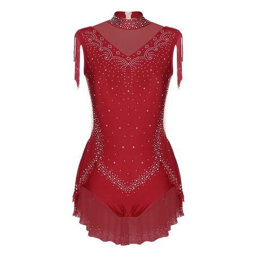 Rhinestone Mock Neck Mesh Tassel Leotard