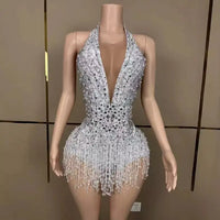 Deep V-Neck Backless Rhinestone, Pearl & Fringe Bodysuit Stage Performance Costume