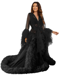 Voluminous Illusion Tulle Ruffle Long Robe Dressing Gown