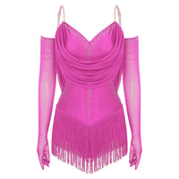 Sparkly Rhinestone & Tassel Fringe Dance Leotard with Gloves Two-Piece Stage Costume
