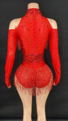 Sparkly Red Rhinestone & Fringe Long-Sleeve Mesh Bodysuit Dance Stage Costume