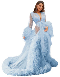 Voluminous Illusion Tulle Ruffle Long Robe Dressing Gown