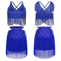 Sparkly Rhinestone & Tassel Fringe Two-Piece Latin Tango Dance Outfit Set