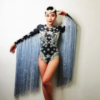 Sparkly Gray Crystal Star & Tassel Fringe Bodysuit Stage Performance Costume