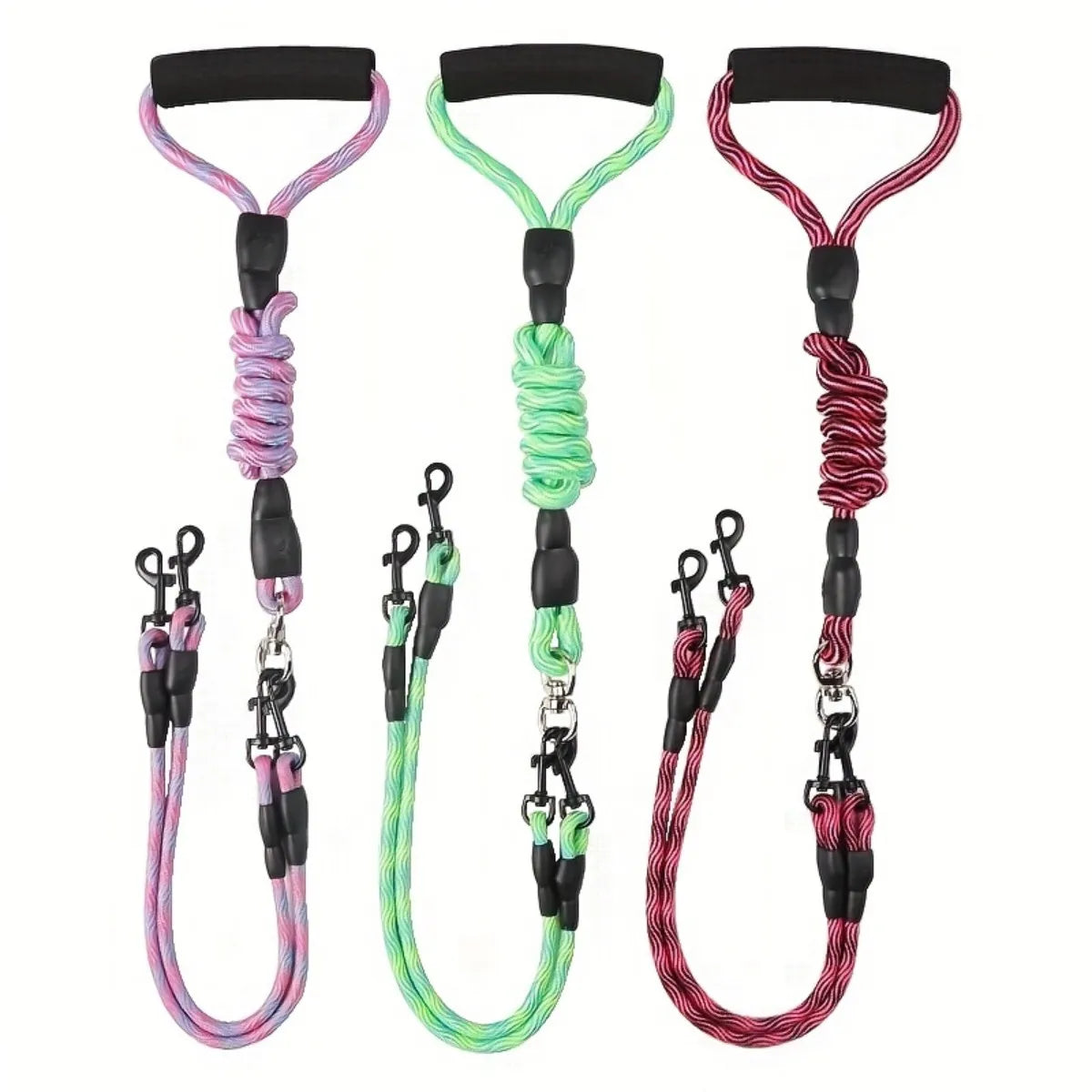 Pet dual head dog walking rope with wavy pattern, one drag two traction rope, anti winding and detachable