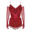Sparkly Rhinestone & Tassel Fringe Dance Leotard with Gloves Two-Piece Stage Costume