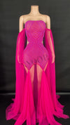 Rhinestone & Pearl Off-Shoulder Sheer Illusion Long Dress Gala Evening Costume