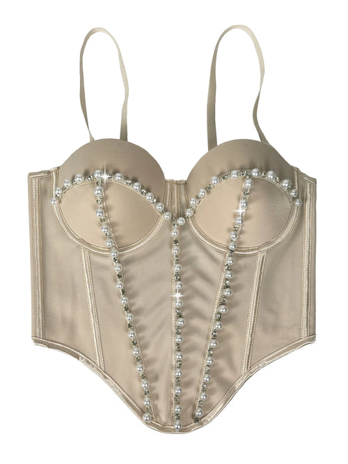 Pearl Embroidered Bustier Corset Crop Top High Street Evening Bralette