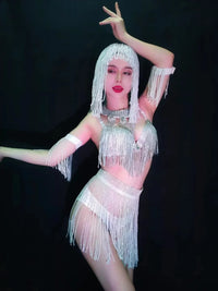 Luxury Crystal Tassel Bikini & Wig Performance Set – Premium Showgirl Stage Costume for GoGo Dancers, Nightclub DJs & Rave Outfits