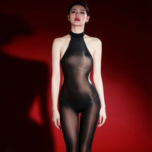 5D 912 PIN Backless Halter Oil Glossy Sheer Bodysuit Leotard
