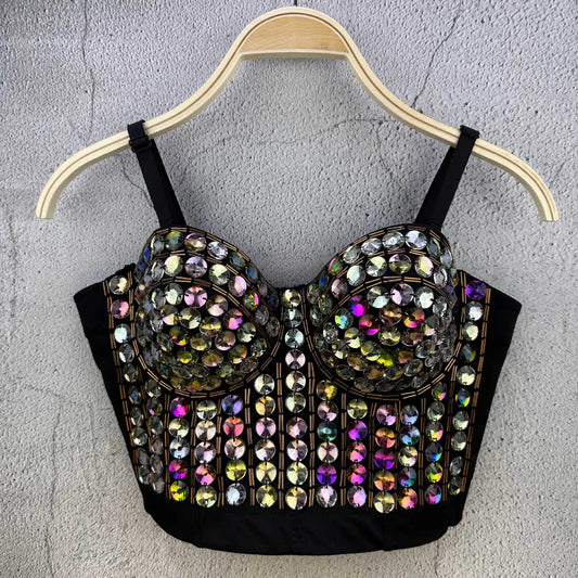 AB Crystal Beaded Bustier Corset Crop Top Glitter Nightclub Stage Camisole