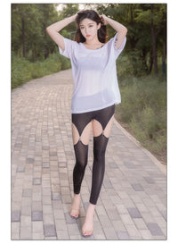 Hollow Out Buckle Shaper Oil Shiny Leggings Garter Belt Pencil Pants