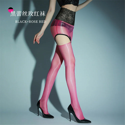 2-in-1 Oil Glossy 1D Sheer Garter Stockings with Lace Package Hip Skirt Tights Set