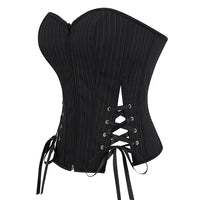 Black Striped Overbust Corset Top Zipper Front Lace-Up Bustier Body Shaper