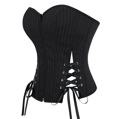 Black Striped Overbust Corset Top Zipper Front Lace-Up Bustier Body Shaper
