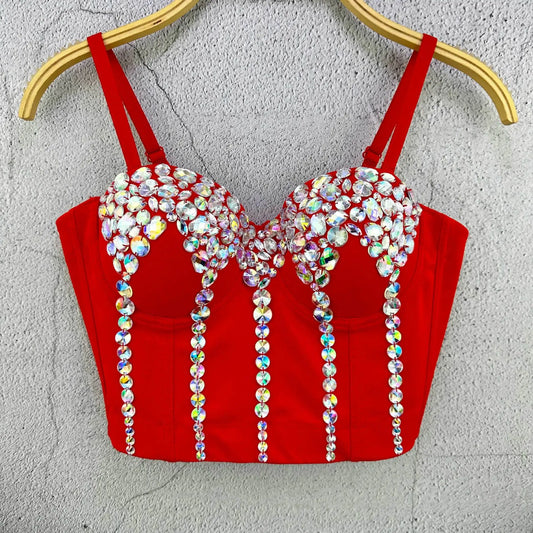 AB Rhinestone Crystal Bustier Corset Crop Top Stage Costume Party Bralette