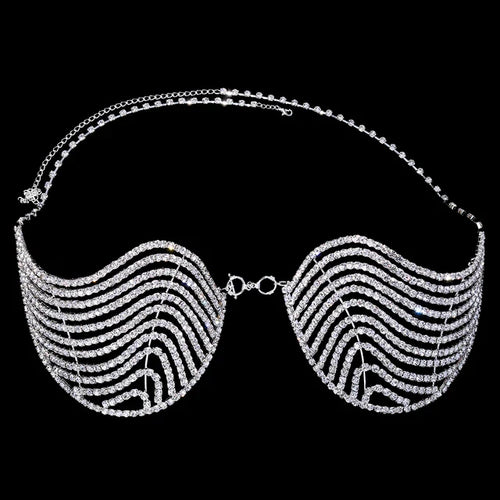 Luxury Crystal Swirl Micro Bikini Body Chain – Shimmering Rhinestone Tassel Bra & Exotic Chest Harness for Festivals, Raves & Clubwear