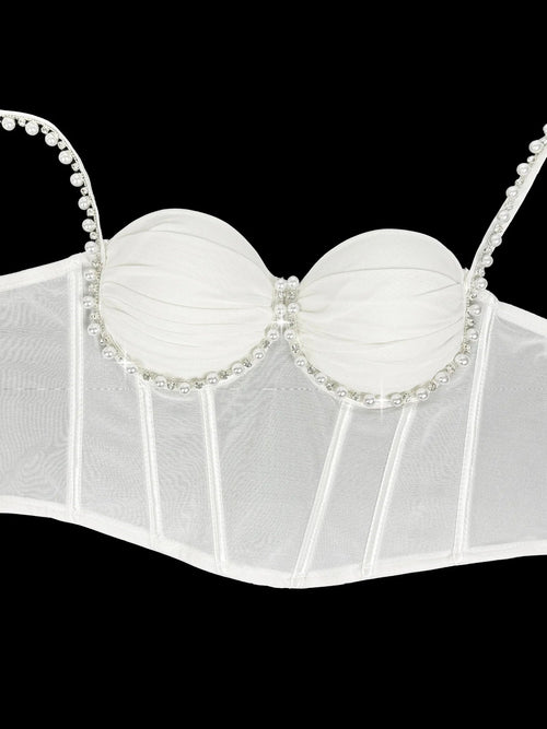 Pearl & Rhinestone Embroidered Bustier Corset Crop Top High Street Bralette