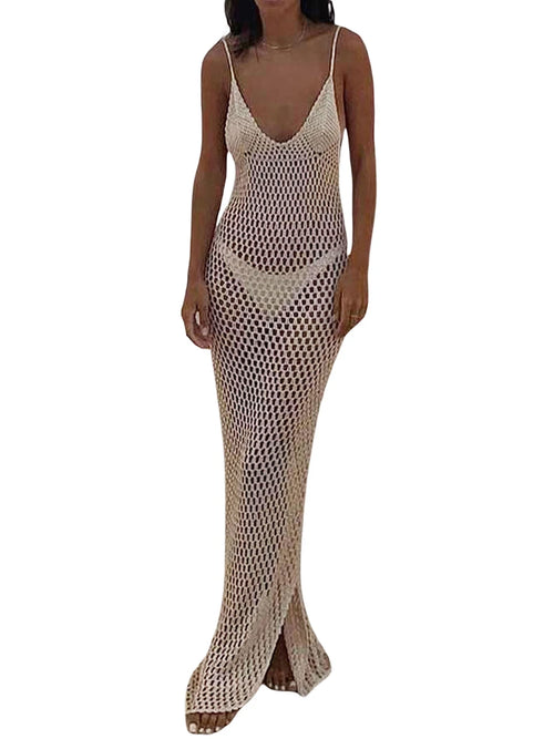 Women Knitted Beach Cover Ups Crochet Cutout Backless Dress for Bikini Swimsuit Bathing Suit Summer Clothes
