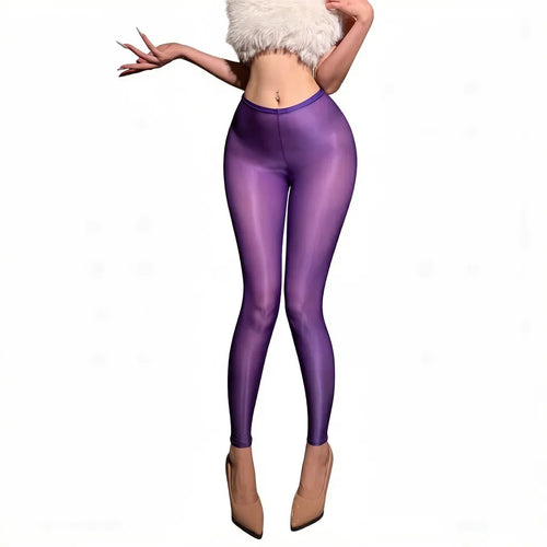 Women's Oil Glossy Sheer High-Stretch Pencil Pants Satin Smooth Leggings
