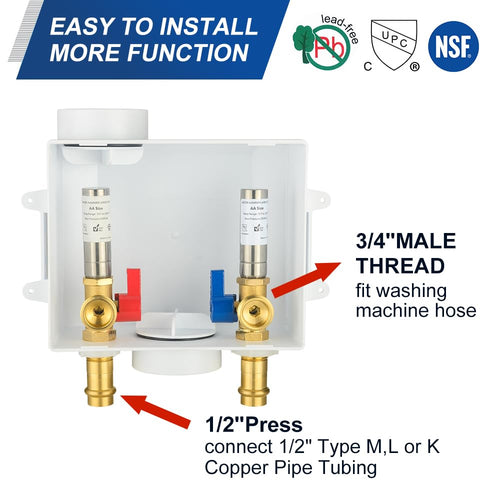 1/2" Copper Press Inlet, Washing Machine Outlet Box, with SS Water Hammer Arrestor, Center Drain Plumbingsell