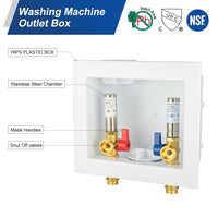 1/2" Copper Press Inlet, Washing Machine Outlet Box, with SS Water Hammer Arrestor, Center Drain Plumbingsell