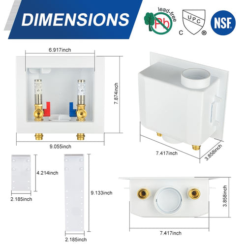 1/2" Copper Press Inlet, Washing Machine Outlet Box, with SS Water Hammer Arrestor, Center Drain Plumbingsell